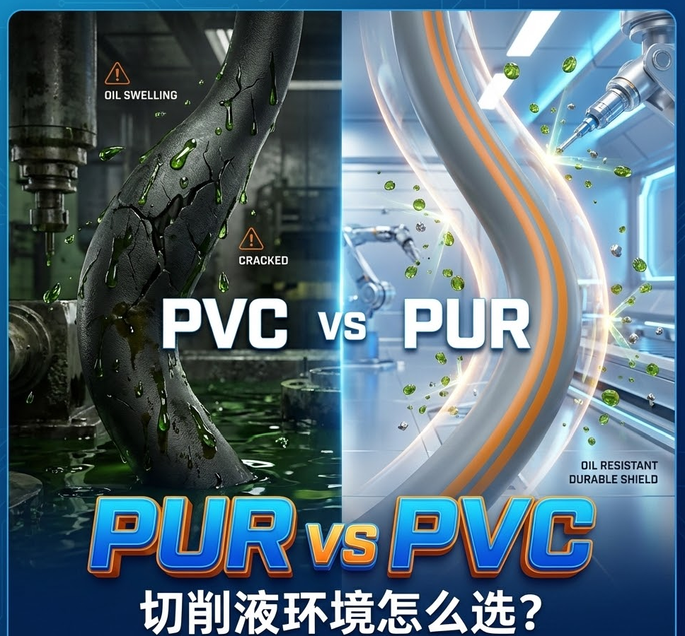 PUR vs PVC：机床切削液环境下，你的拖链电缆选对护套了吗？